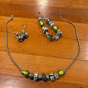Green and Teal Glass Bead Necklace, Bracelet & Earring Set